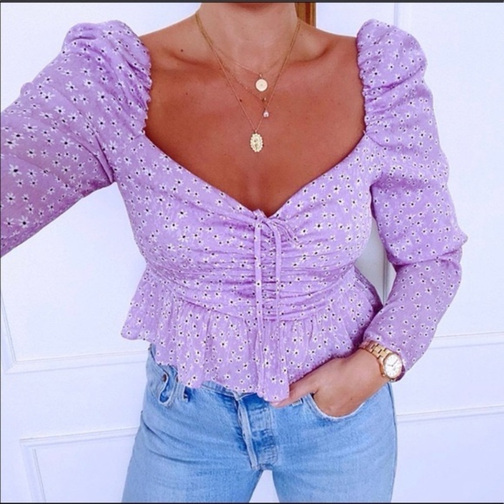 Zara Purple Ruched Ruffled Blouse - Picture 1 of 5